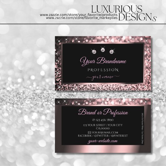Luxe Black Roos Gold Sparking Glitter Diamonds Visitekaartje