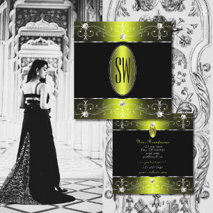 Luxe Black Yellow Ornamenten Initialen Vierkante Visitekaartje
