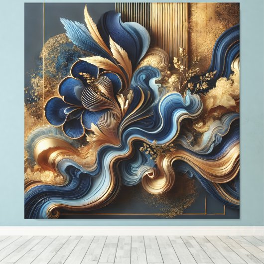 Luxe blauw en goud Abstract doek | moderne muur Canvas Afdruk (Insitu (Houten vloer))