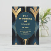 Luxe Blauw en Goud Art Deco Bruiloft Kaart (Staand voorkant)