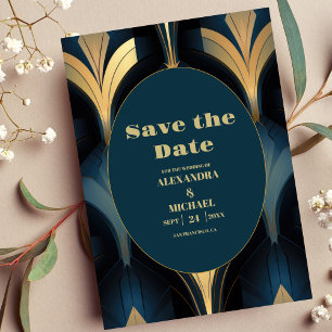 Luxe Blauw en Goud Art Deco Bruiloft Save The Date