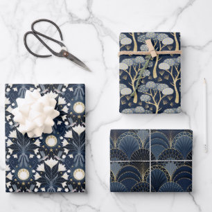 Luxe blauw en goud Art Deco Patroon Inpakpapier Vel