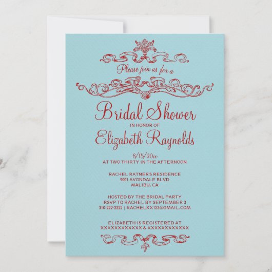 Luxe blauw en Rode Bridal Shower-uitnodigingen Kaart (Voorkant)