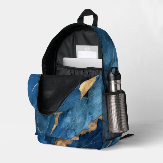 Luxe Blauw & Goud Abstract Leaf Rugzak (Achterkan Hoek Rechts (Open))