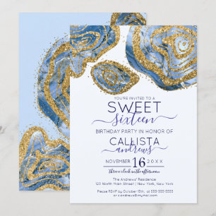 Luxe Blauw Goud Marmeren Agaat Glitter Sweet 16 Kaart