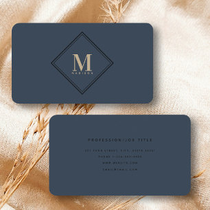 Luxe Blauw & Goud Monogram Professioneel Elegant Visitekaartje