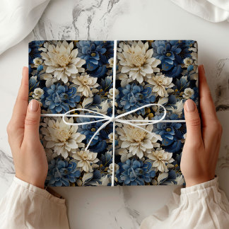 Luxe Blauw Wit Ivoor Bloemig Stijlvolle Verpakking Cadeaupapier