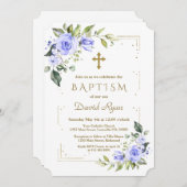 Luxe Blauwe Bloemen Goud Glitter Jongens Doop Kaart (Voorkant / Achterkant)