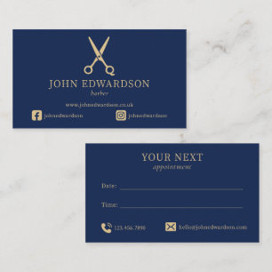 Luxe blauwe en gouden logo voor kappersscharen afsprakenkaartje