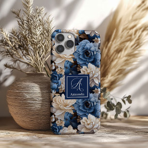 Luxe Blauwe en Ivoren Bloemen Elegante Phonehoes iPhone 16 Hoesje