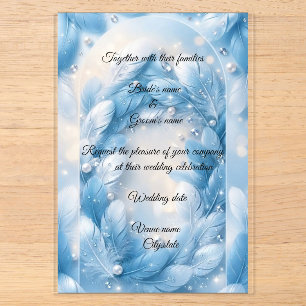Luxe blauwe Feather & Diamonds Boog Trouwkaart Acryl Uitnodigingen