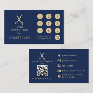 Luxe Blauwe Gouden Kapper Scharen Logo QR Code Klantenkaartje