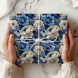 Luxe Blauwe Ivoren Bloemrijke Elegante Cadeaubekle Cadeaupapier