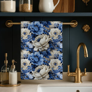 Luxe Blauwe Ivoren Bloemrijke Elegante Keukendoek Theedoek