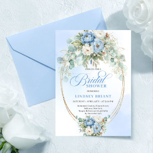 Luxe blauwe pioenrozen eucalyptus gouden bruidsdou kaart