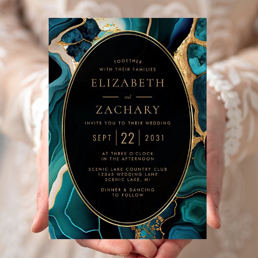 Luxe Blauwgroen Agaat Gold Oval Lijst Wedding Kaart