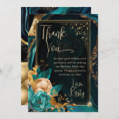 Luxe Blauwgroen en Gouden Bloemenagaat Verjaardags Bedankkaart (Voorkant / Achterkant)