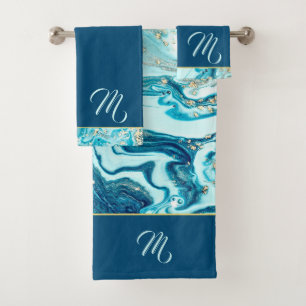 Luxe Blauwgroen Ocean Blue Marble Monogram Naam Bad Handdoek