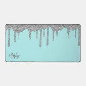 Luxe Blauwgroen Silver Sparkle Glitter Drips Monog Bureaumat (Voorkant)