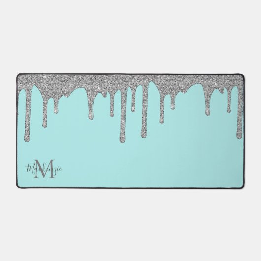 Luxe Blauwgroen Silver Sparkle Glitter Drips Monog Bureaumat (Voorkant)