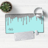 Luxe Blauwgroen Silver Sparkle Glitter Drips Monog Bureaumat