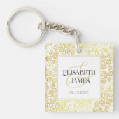 Luxe bloeien chique winter wit en goud bruiloft sleutelhanger (voorkant)