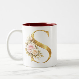 Luxe Bloem Gouden Letter S Monogram Logo Tweekleurige Koffiemok
