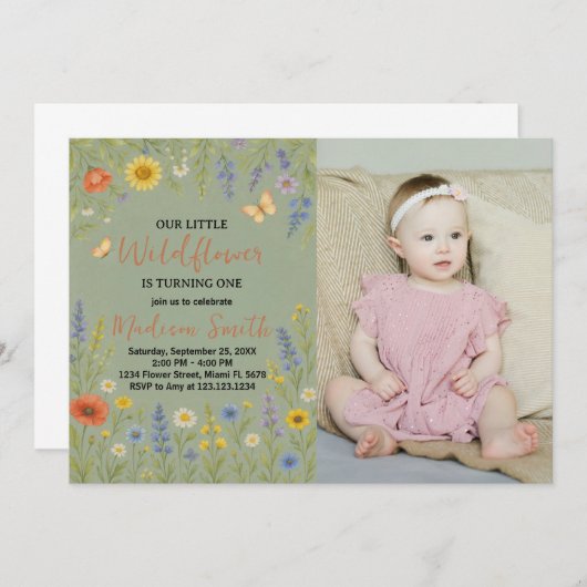 Luxe Bloemen Eerste Verjaardag Uitnodiging met fot (Voorkant / Achterkant)