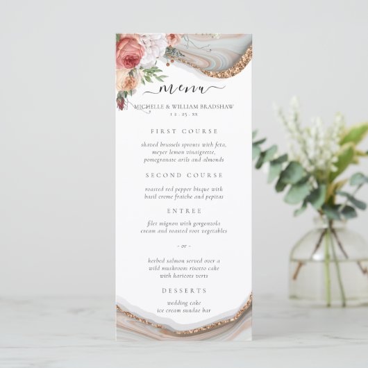 Luxe Bloemen Marmeren Bruiloft Menu (Staand voorkant)