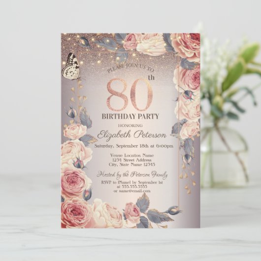 Luxe Bloemen, Vlinder, Lichten 80ste Verjaardag Kaart (Staand voorkant)