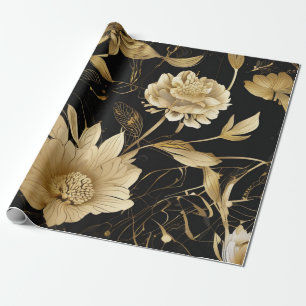 Luxe bloemen: zwart en goud elegantie cadeaupapier