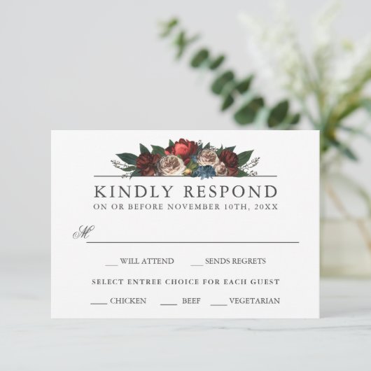 Luxe Bloemenbruiloft RSVP met Entree Keuzes (Staand voorkant)