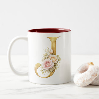 Luxe bloemengoud Letter J monogram logo Tweekleurige Koffiemok