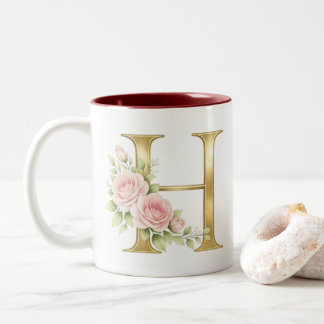 Luxe Bloemige Monogram Letter H – Elegante Gouden Tweekleurige Koffiemok