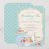 Luxe bloemrijke verjaardags theeparty met stippen kaart (Voorkant / Achterkant)