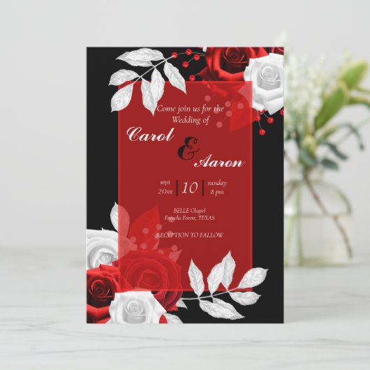 luxe bloemrijke zwarte, witte en rode trouw kaart (Staand voorkant)