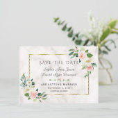 Luxe Blozende Bloemen Gouden Lijst Marmeren Huweli Save The Date (Staand voorkant)
