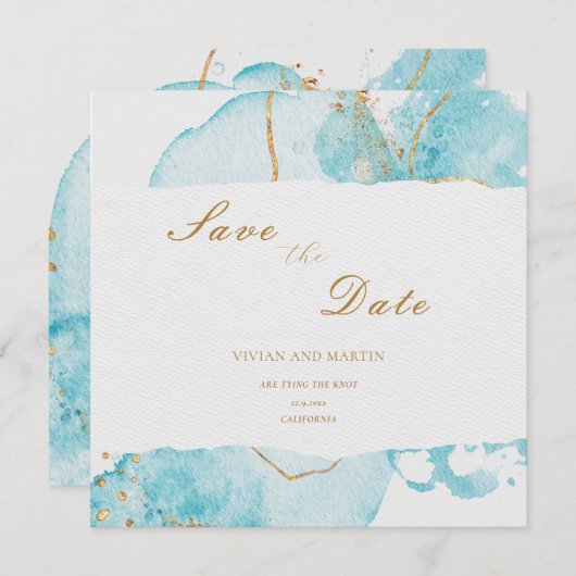 Luxe Blue Gold Waterverf Abstract Opslaan Datum Kaart (Voorkant / Achterkant)