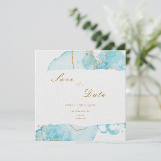 Luxe Blue Gold Waterverf Abstract Opslaan Datum Kaart (Staand voorkant)