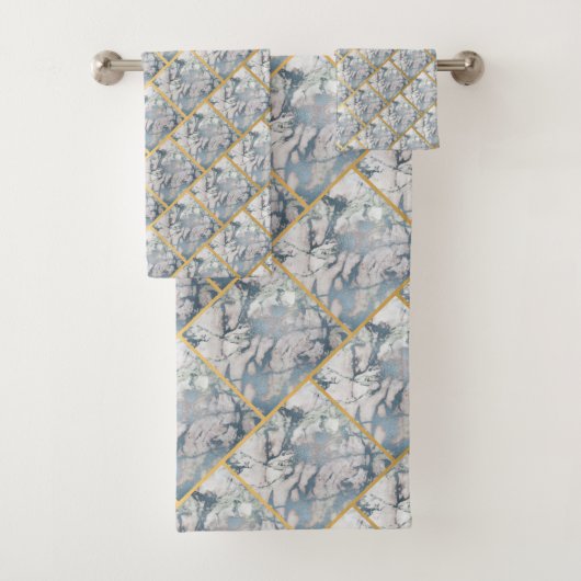 LUXE BLUE MARBLE GRID BATHROOM TOWEL SET BAD HANDDOEK (Insitu)