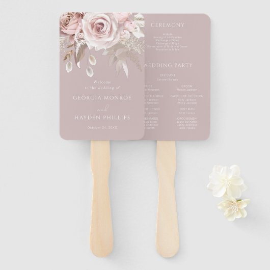 Luxe Blush Bloemen Botanisch Huwelijksprogramma Handwaaier (Voorkant en achterkant)