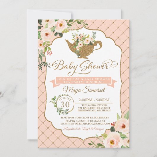 Luxe Blush Bloemen Meisje Tea Party Baby shower Kaart (Voorkant)