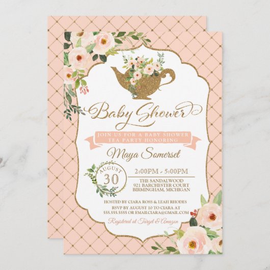 Luxe Blush Bloemen Meisje Tea Party Baby shower Kaart (Voorkant / Achterkant)