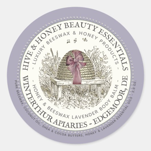 Luxe Body Balm Label Lavender met Skep en Bow (Voorkant)