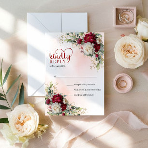Luxe Boho Diep Rood Goud Bloemstuk Bruiloft RSVP Kaartje