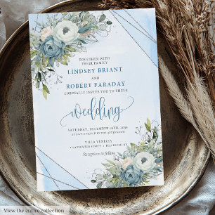 Luxe Boho Dusty Blauw Zilveren Pioenenbruiloft Kaart