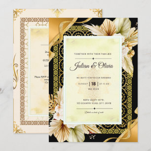 Luxe Boho Zwarte en Gouden Trouwuitnodiging Kaart