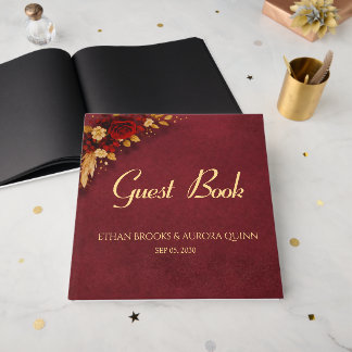 Luxe bordeauxrood & bloem bruiloft gastenboek