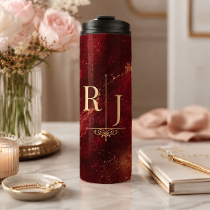Luxe bordeauxrood en gouden marmeren monogram thermosbeker