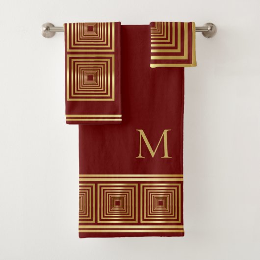 Luxe bordeauxrood goud monogram Handdoek set (Insitu)